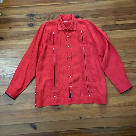 Mojito Collection Red Linen Guayabera Button Up Shirt Mens Size Extra Large - Picture 3 of 12
